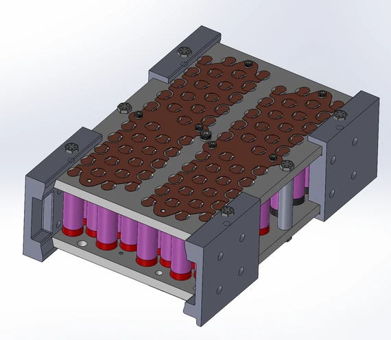 CAD rendering of the 4S20P battery module assembly.