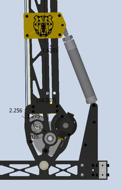 CAD view of the pneumatic cylinder mounting geometry for the climber.